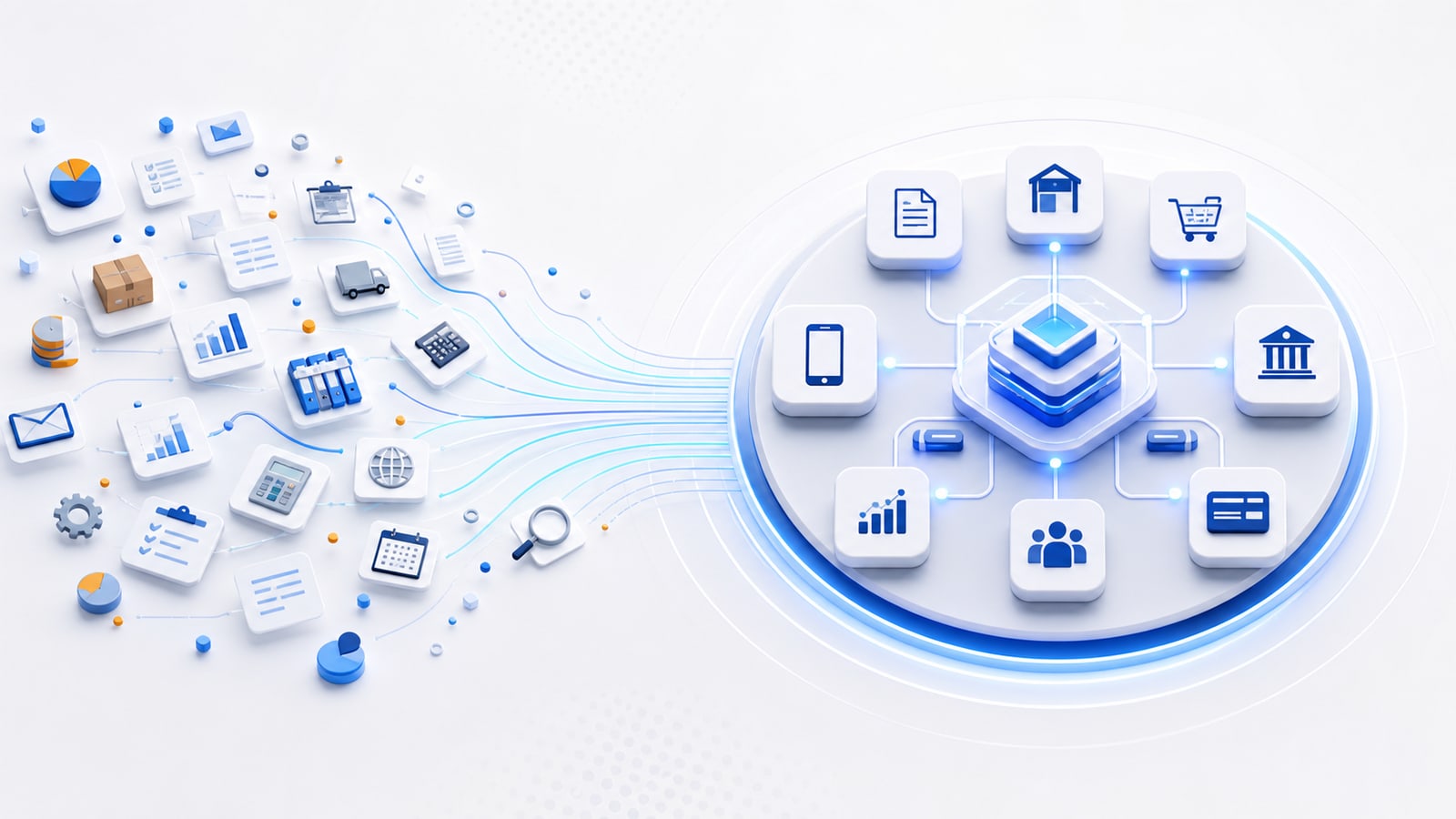 Original BPT Solutions visual showing scattered business needs joining one platform